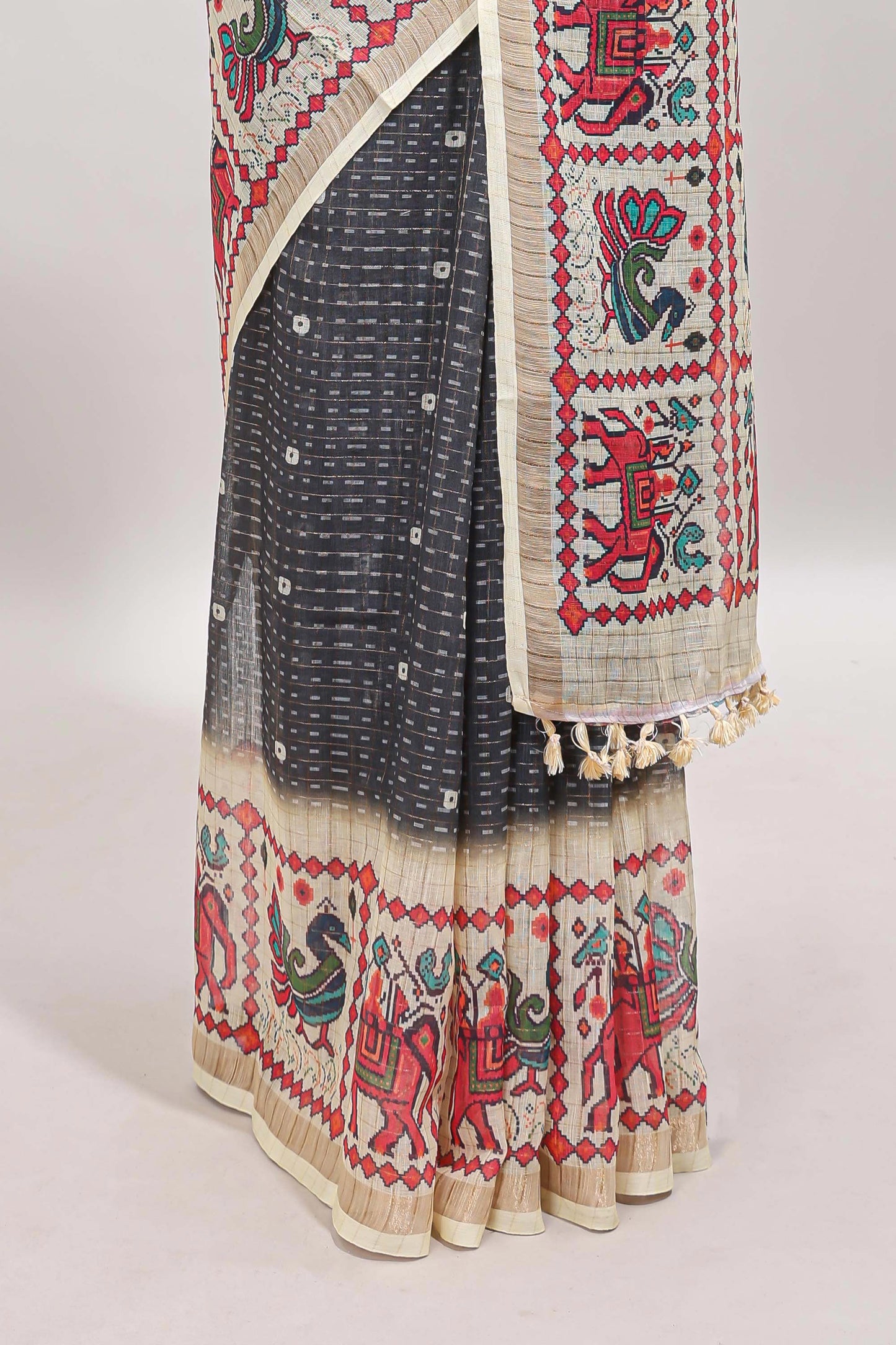 Grey checked geometric motifs linen cotton saree with contrast ikkat style border and blouse