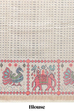 Grey checked geometric motifs linen cotton saree with contrast ikkat style border and blouse