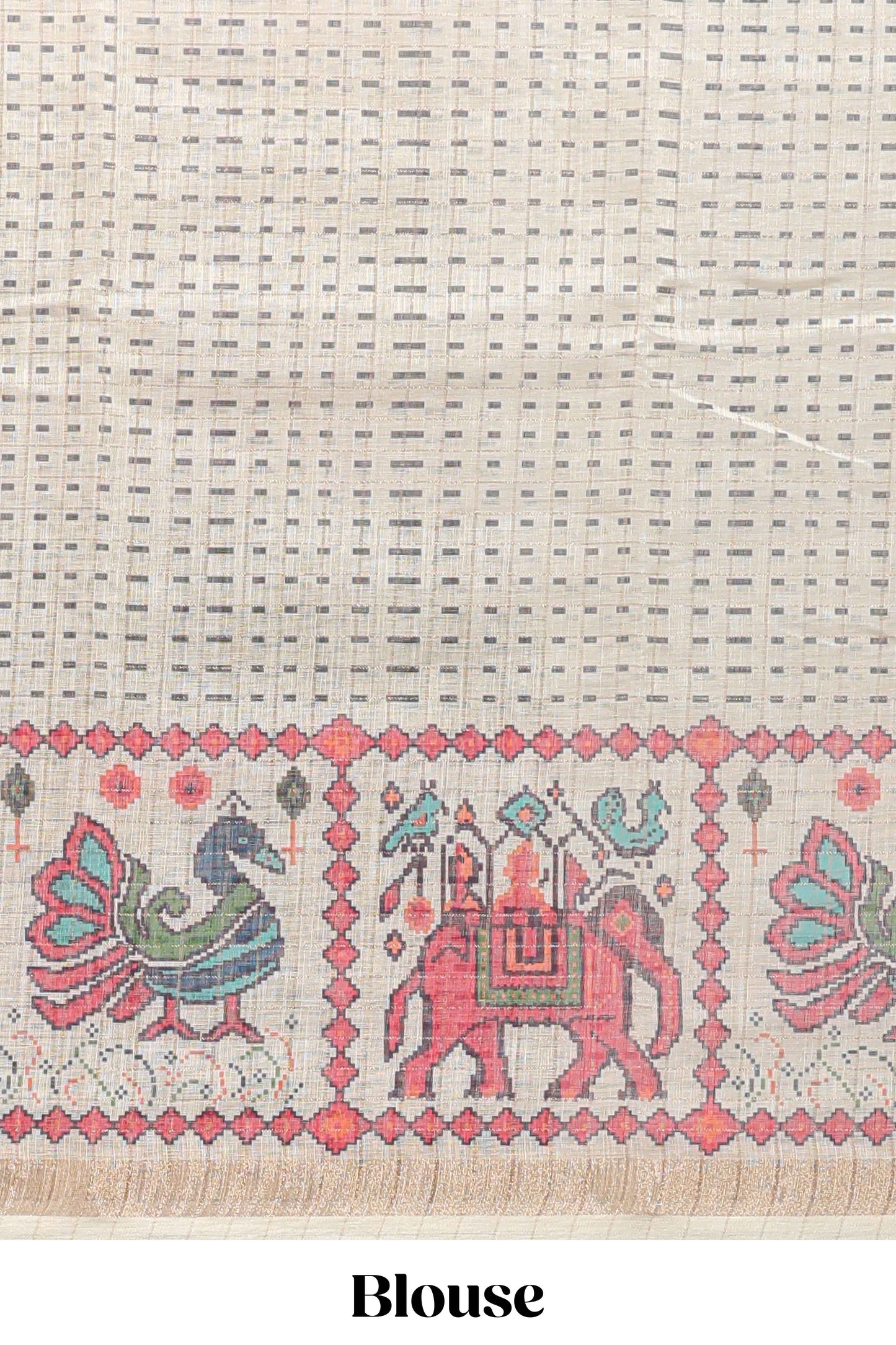 Grey checked geometric motifs linen cotton saree with contrast ikkat style border and blouse