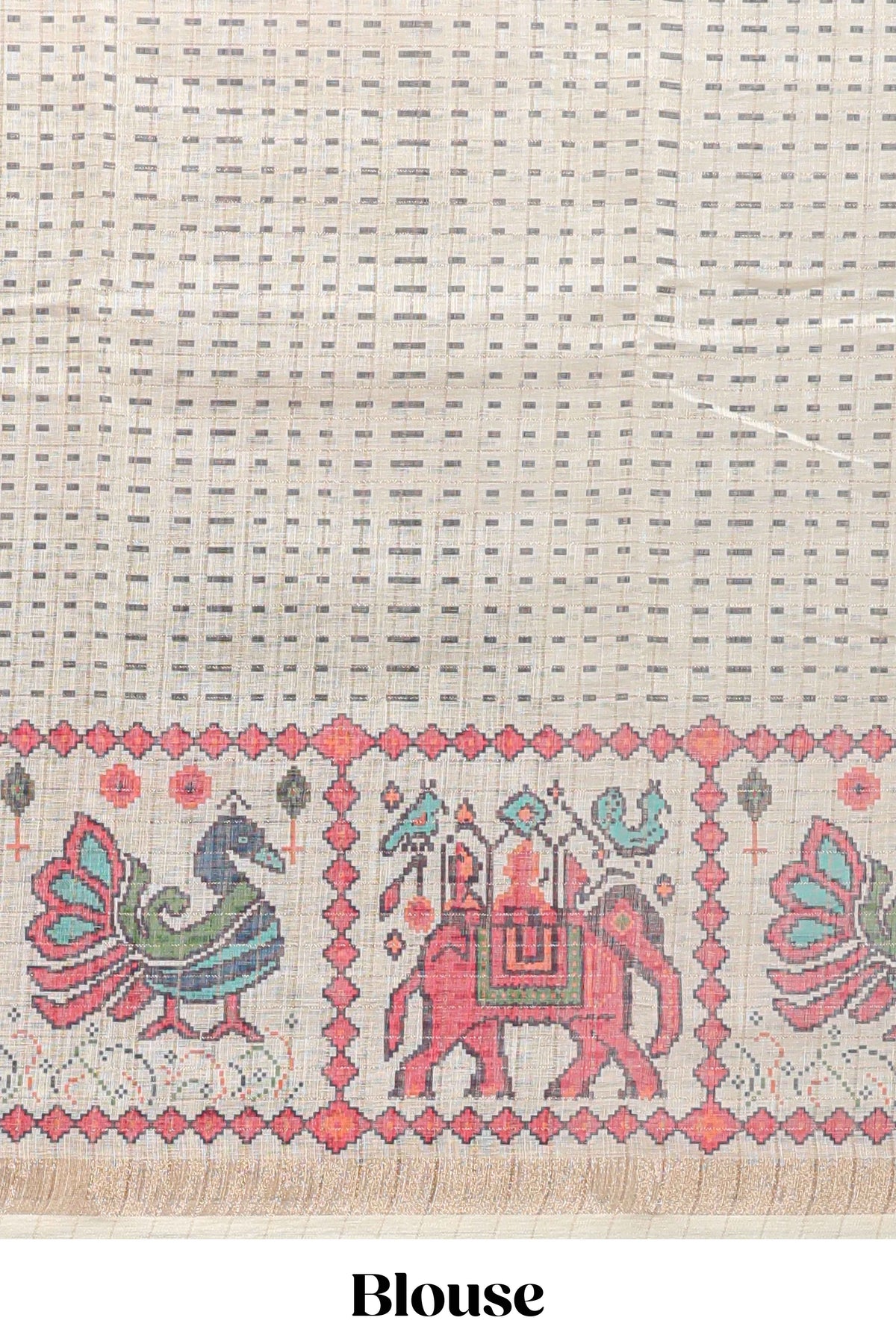 Grey checked geometric motifs linen cotton saree with contrast ikkat style border and blouse