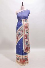 Blue checked geometric motifs linen cotton saree with contrast ikkat style border and blouse