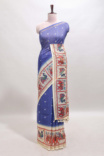 Blue checked geometric motifs linen cotton saree with contrast ikkat style border and blouse
