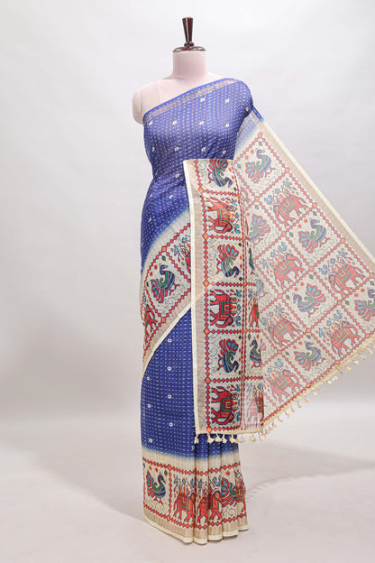 Blue checked geometric motifs linen cotton saree with contrast ikkat style border and blouse