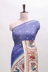 Blue checked geometric motifs linen cotton saree with contrast ikkat style border and blouse