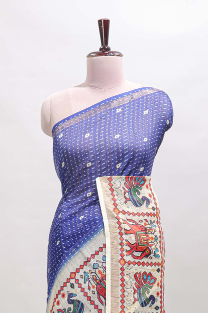 Blue checked geometric motifs linen cotton saree with contrast ikkat style border and blouse