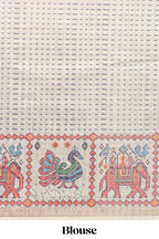 Blue checked geometric motifs linen cotton saree with contrast ikkat style border and blouse