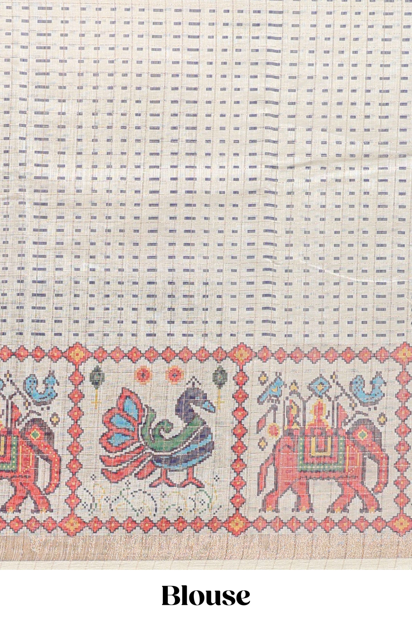 Blue checked geometric motifs linen cotton saree with contrast ikkat style border and blouse