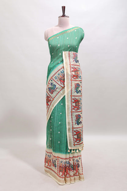 Green checked geometric motifs linen cotton saree with contrast ikkat style border and blouse