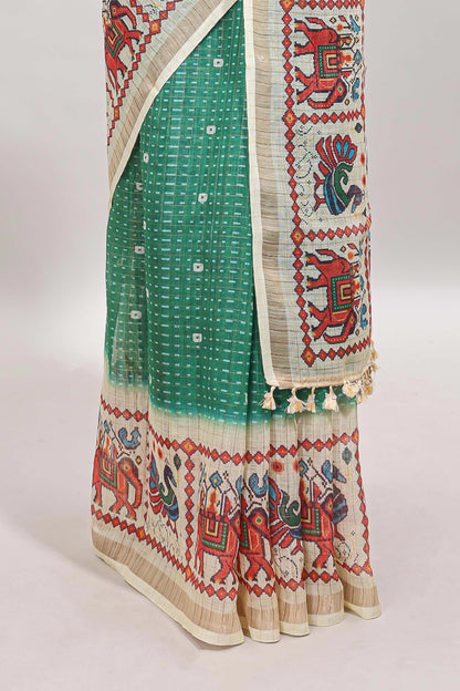 Green checked geometric motifs linen cotton saree with contrast ikkat style border and blouse