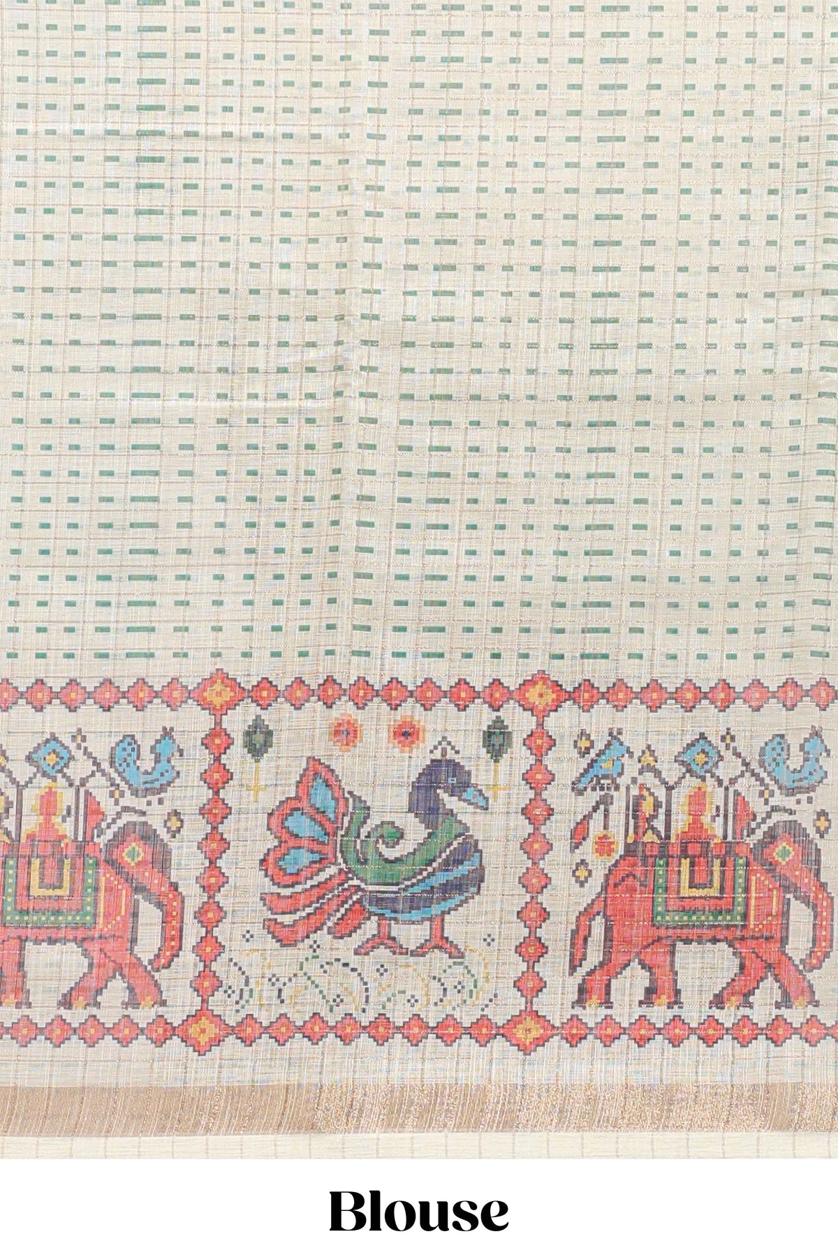 Green checked geometric motifs linen cotton saree with contrast ikkat style border and blouse