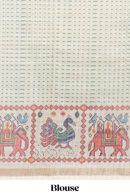 Green checked geometric motifs linen cotton saree with contrast ikkat style border and blouse