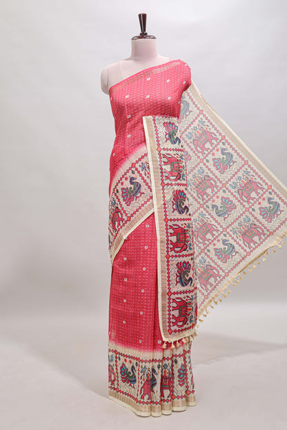 Pink checked geometric motifs linen cotton saree with contrast ikkat style border and blouse