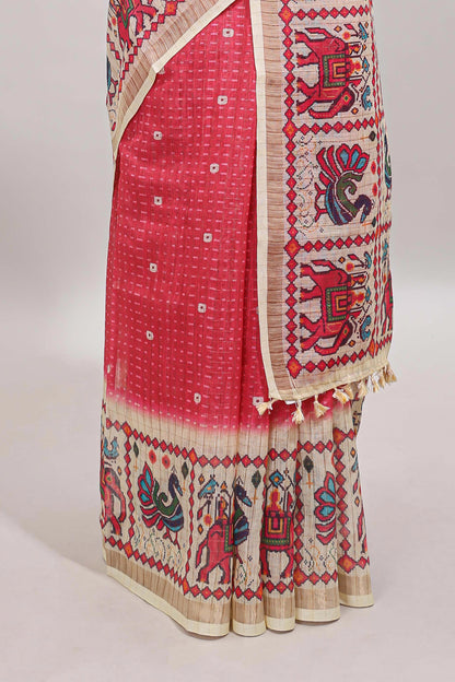 Pink checked geometric motifs linen cotton saree with contrast ikkat style border and blouse