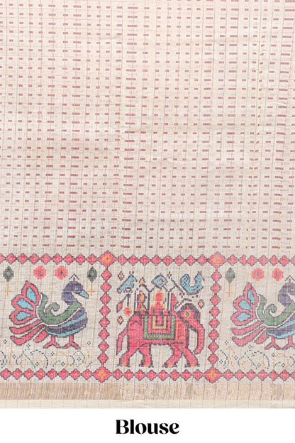 Pink checked geometric motifs linen cotton saree with contrast ikkat style border and blouse