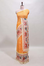 Yellow checked geometric motifs linen cotton saree with contrast ikkat style border and blouse