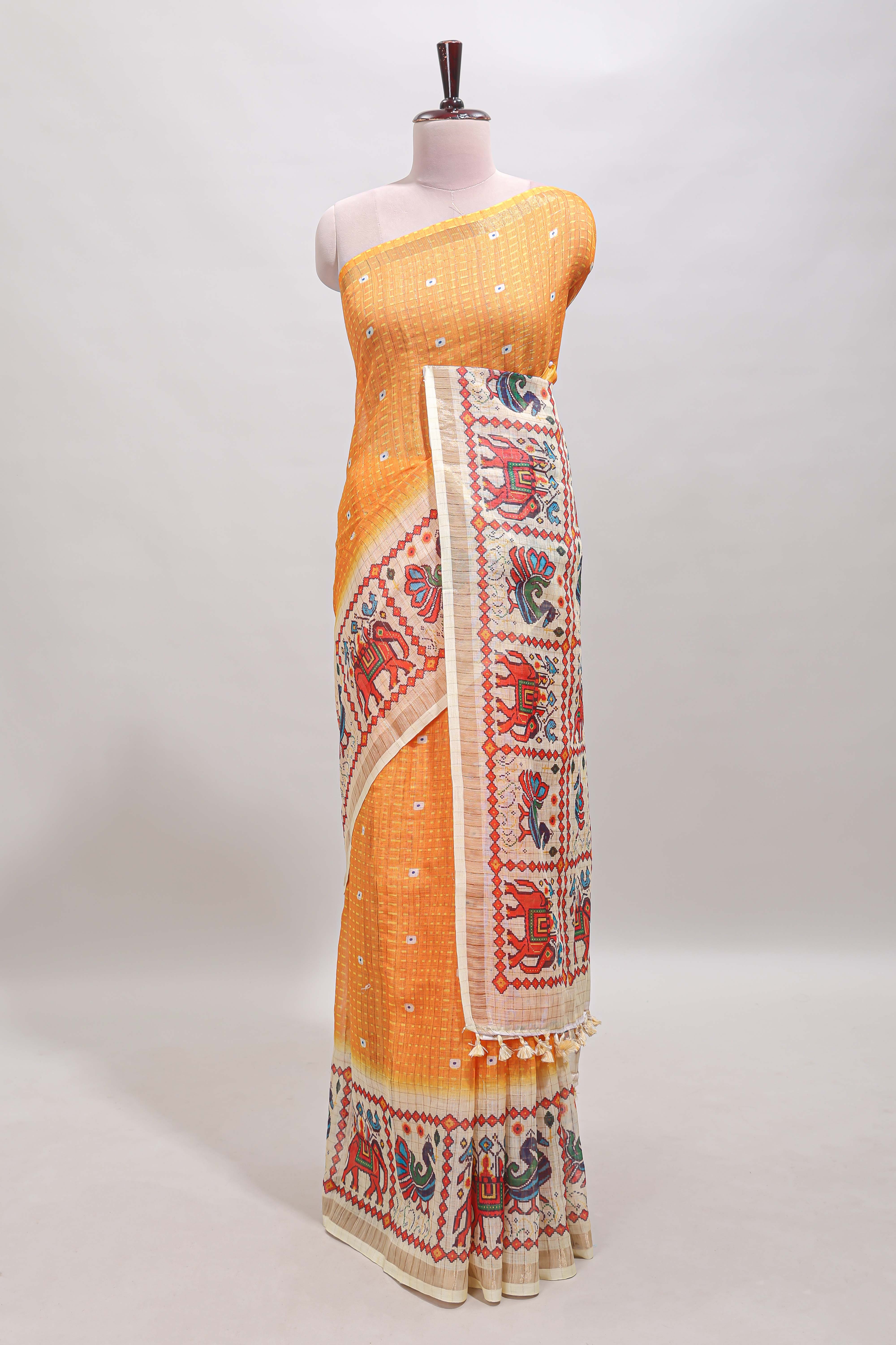 Yellow checked geometric motifs linen cotton saree with contrast ikkat style border and blouse
