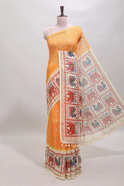 Yellow checked geometric motifs linen cotton saree with contrast ikkat style border and blouse