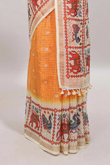 Yellow checked geometric motifs linen cotton saree with contrast ikkat style border and blouse