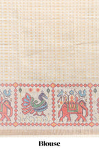 Yellow checked geometric motifs linen cotton saree with contrast ikkat style border and blouse
