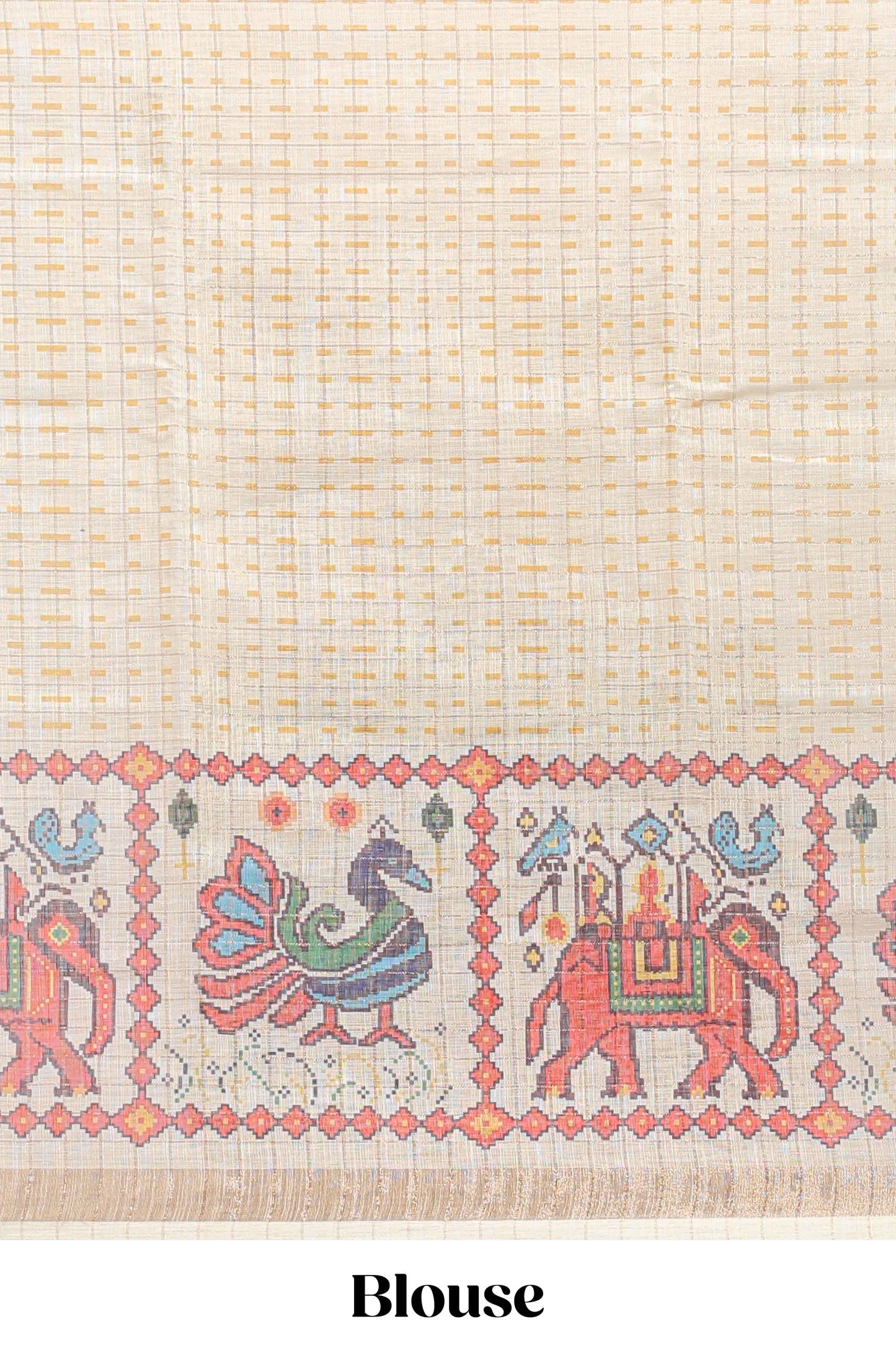 Yellow checked geometric motifs linen cotton saree with contrast ikkat style border and blouse