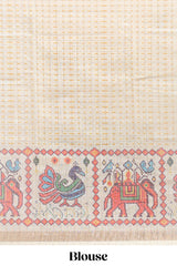 Yellow checked geometric motifs linen cotton saree with contrast ikkat style border and blouse