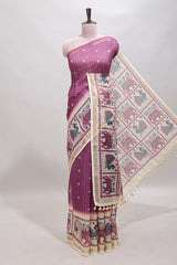 Purple checked geometric motifs linen cotton saree with contrast ikkat style border and blouse