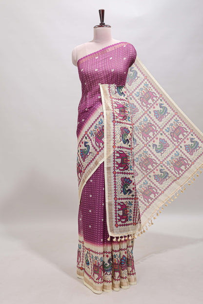 Purple checked geometric motifs linen cotton saree with contrast ikkat style border and blouse