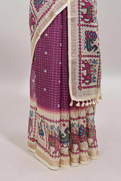 Purple checked geometric motifs linen cotton saree with contrast ikkat style border and blouse