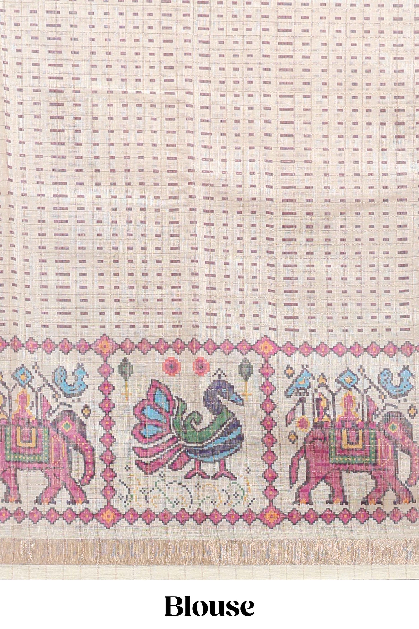 Purple checked geometric motifs linen cotton saree with contrast ikkat style border and blouse