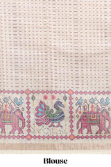 Purple checked geometric motifs linen cotton saree with contrast ikkat style border and blouse