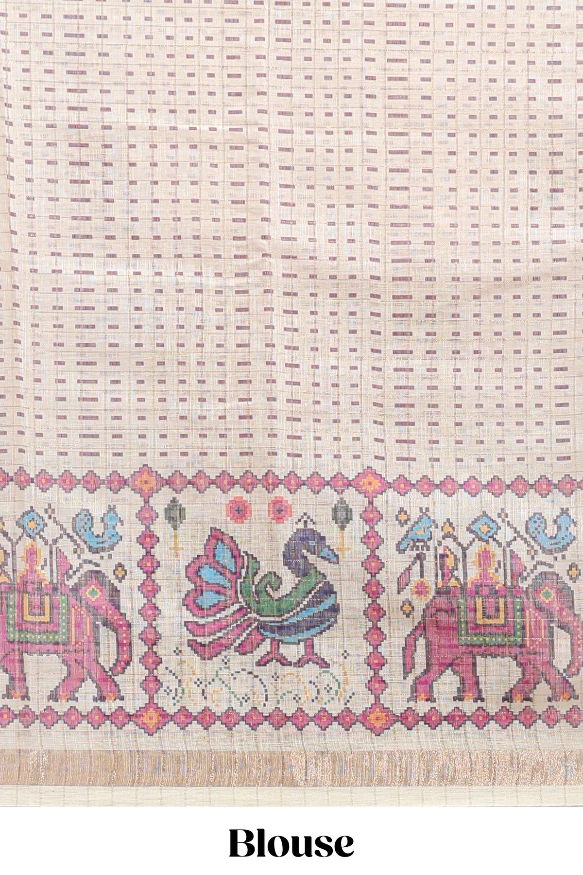 Purple checked geometric motifs linen cotton saree with contrast ikkat style border and blouse