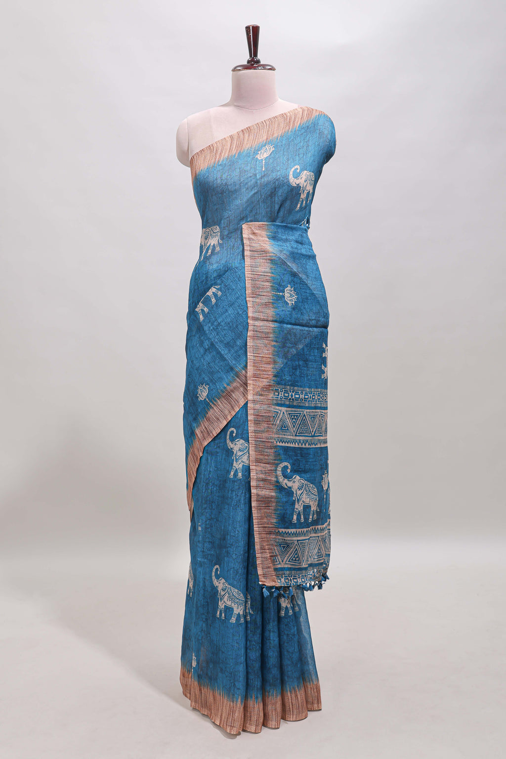 Blue floral & elephant motifs linen cotton with contrast border and matching blouse