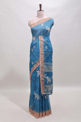 Blue floral & elephant motifs linen cotton with contrast border and matching blouse