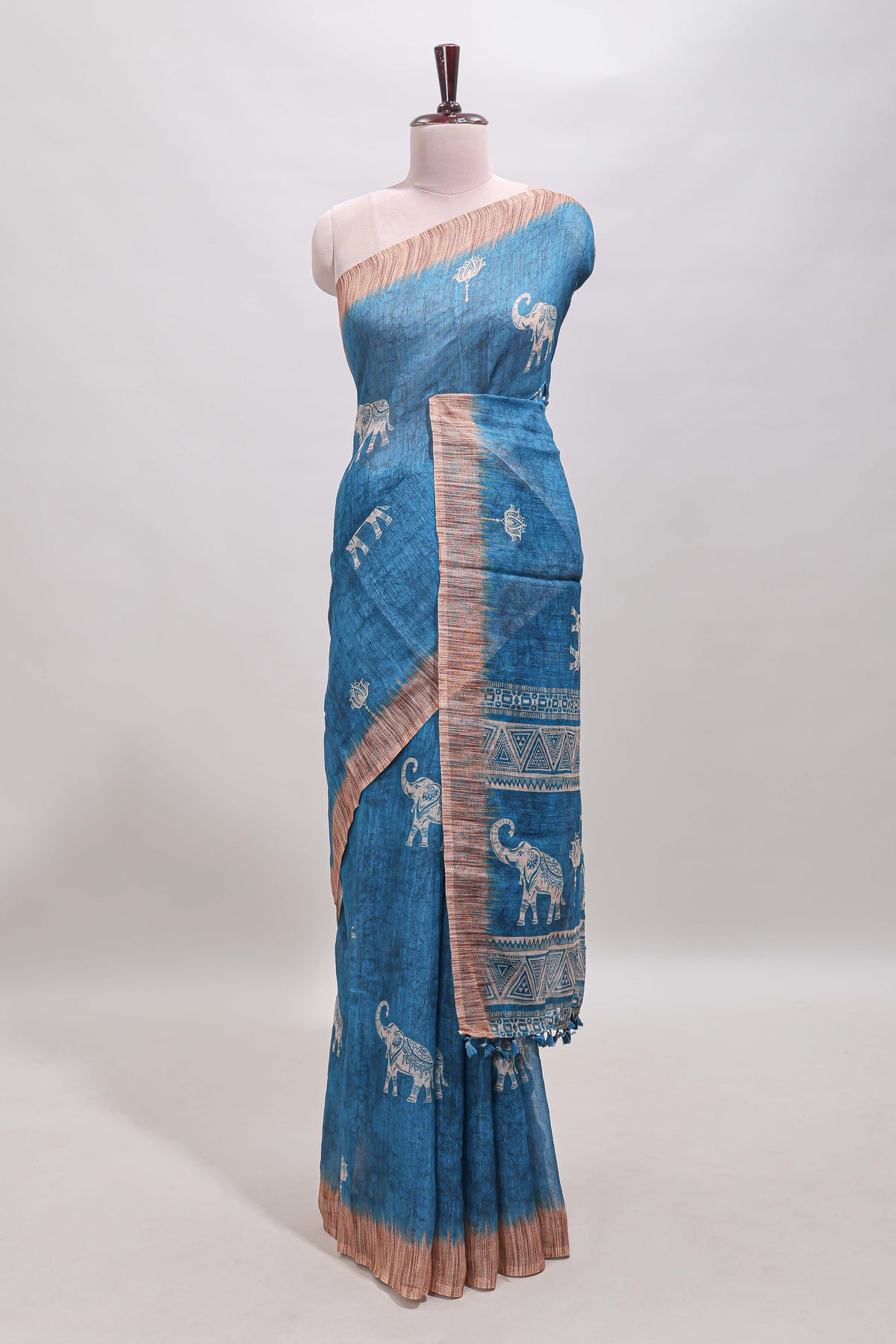 Blue floral & elephant motifs linen cotton with contrast border and matching blouse