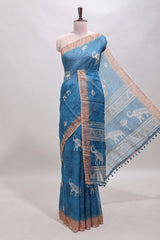 Blue floral & elephant motifs linen cotton with contrast border and matching blouse