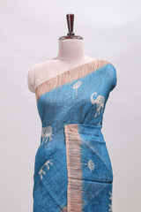 Blue floral & elephant motifs linen cotton with contrast border and matching blouse