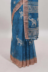 Blue floral & elephant motifs linen cotton with contrast border and matching blouse