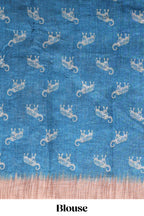 Blue floral & elephant motifs linen cotton with contrast border and matching blouse