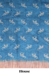 Blue floral & elephant motifs linen cotton with contrast border and matching blouse
