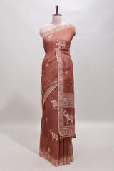 Brown floral & elephant motifs linen cotton with contrast border and matching blouse