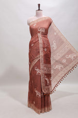 Brown floral & elephant motifs linen cotton with contrast border and matching blouse