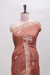 Brown floral & elephant motifs linen cotton with contrast border and matching blouse