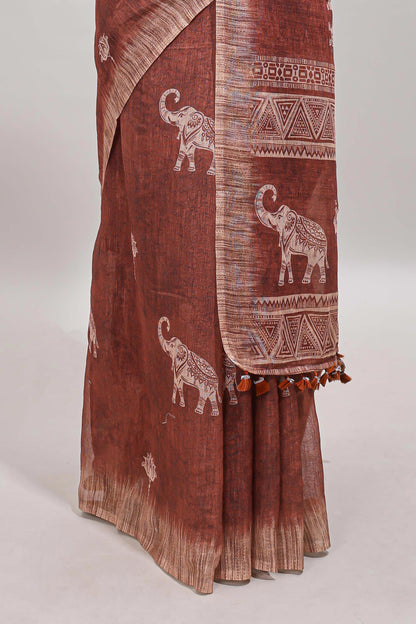 Brown floral & elephant motifs linen cotton with contrast border and matching blouse