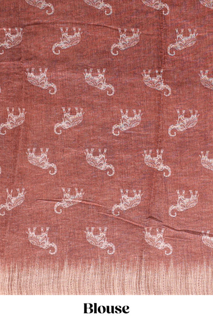 Brown floral & elephant motifs linen cotton with contrast border and matching blouse