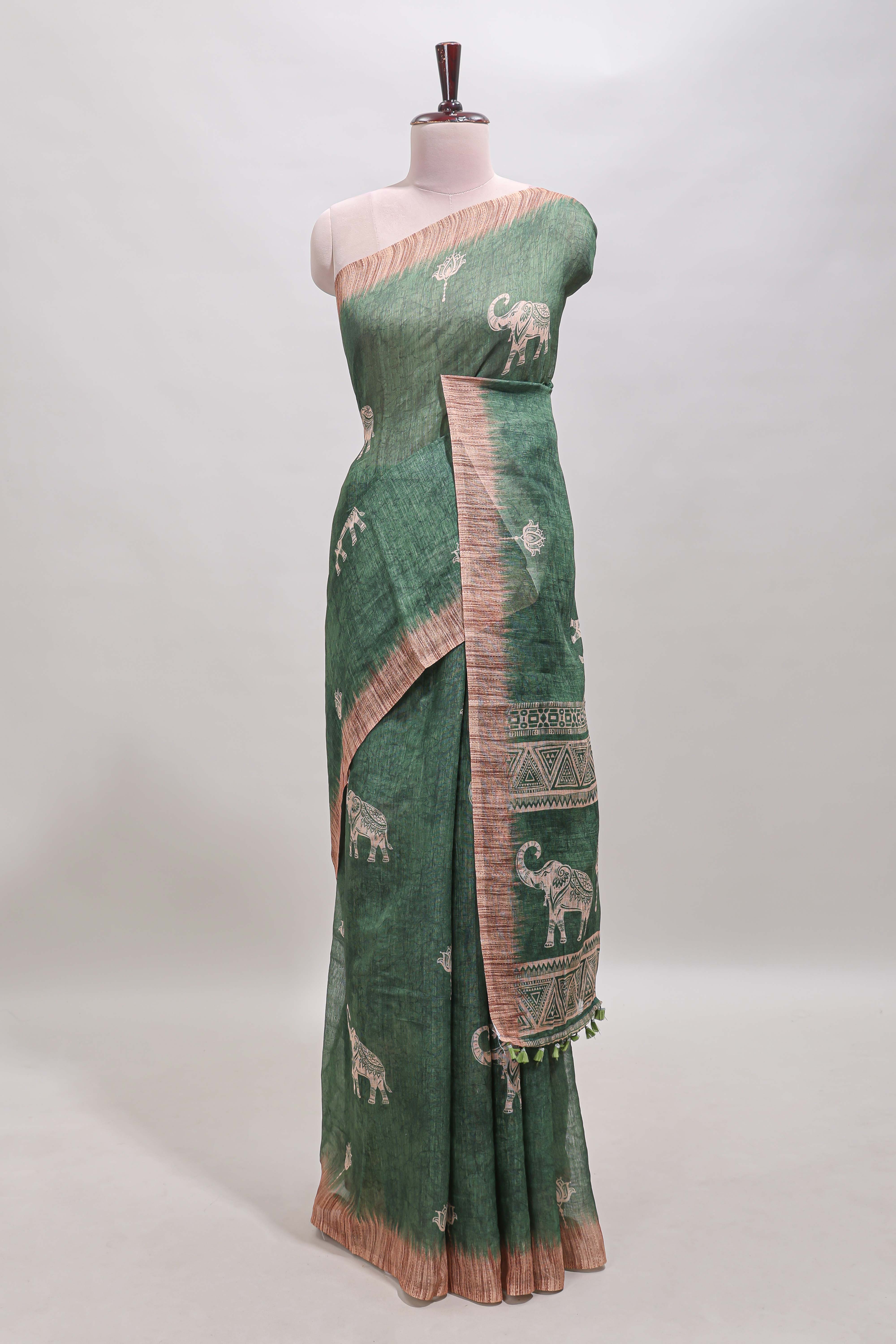 Green floral & elephant motifs linen cotton with contrast border and matching blouse