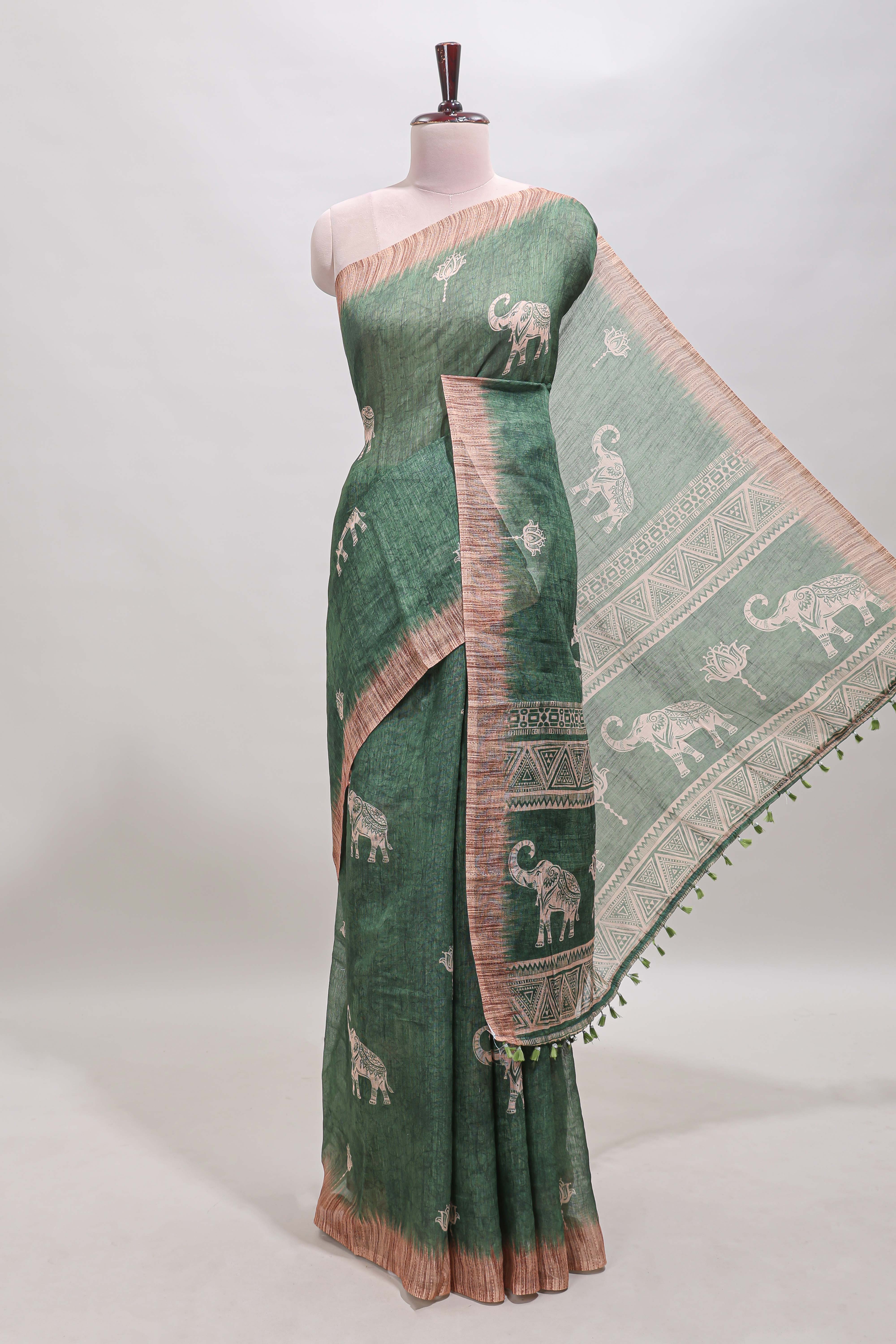 Green floral & elephant motifs linen cotton with contrast border and matching blouse