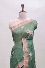 Green floral & elephant motifs linen cotton with contrast border and matching blouse