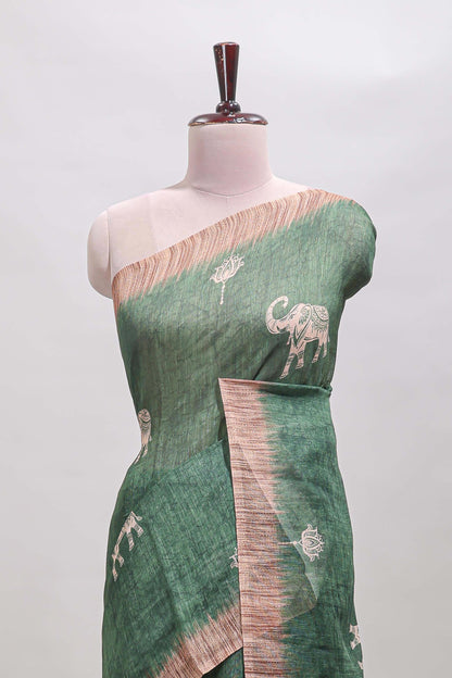 Green floral & elephant motifs linen cotton with contrast border and matching blouse