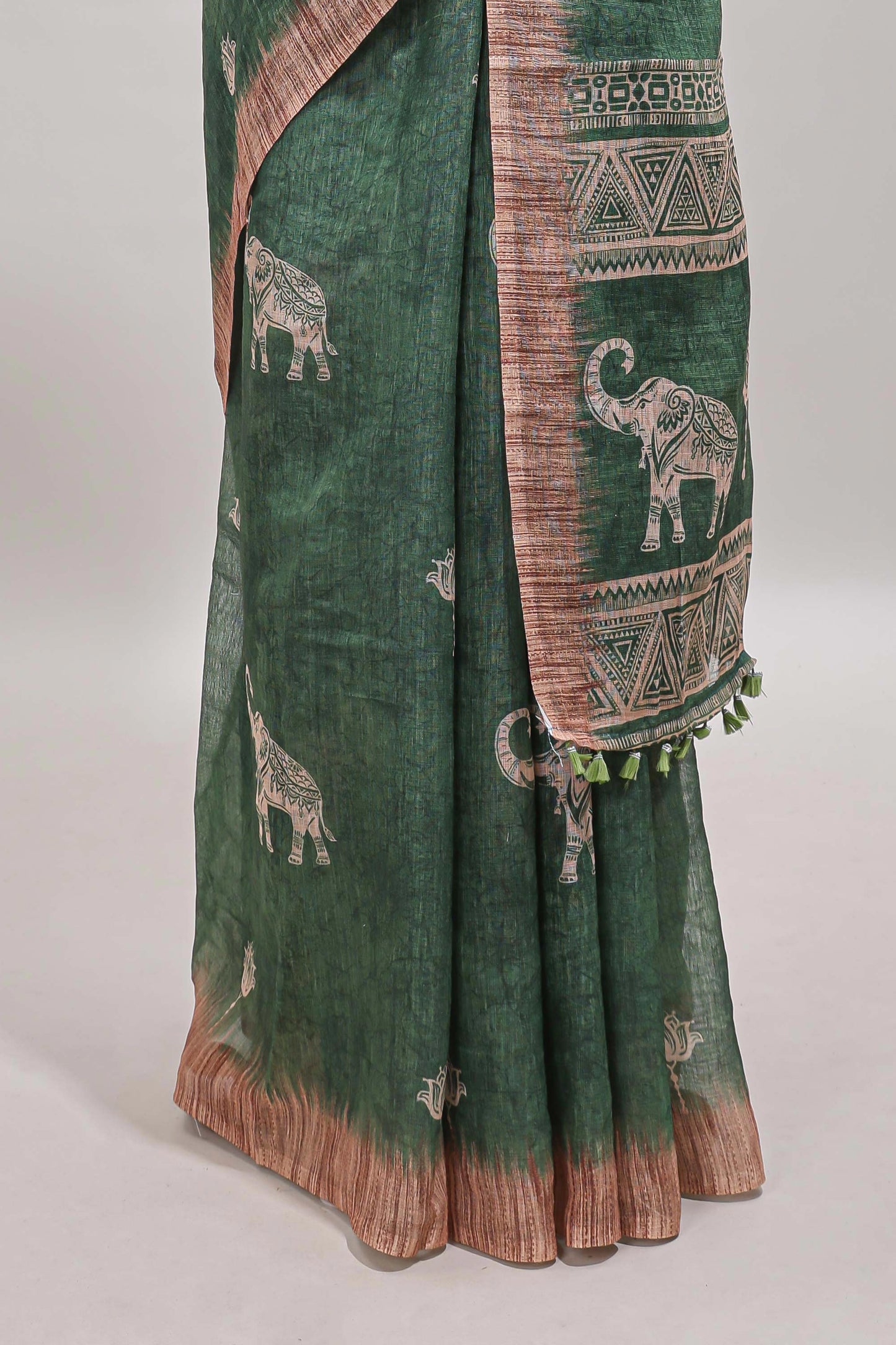 Green floral & elephant motifs linen cotton with contrast border and matching blouse