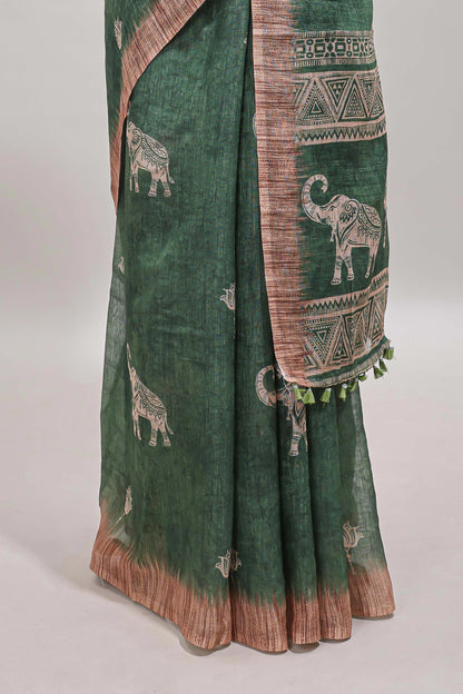 Green floral & elephant motifs linen cotton with contrast border and matching blouse
